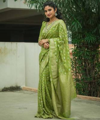 green silk blend banarasi saree with blouse  2