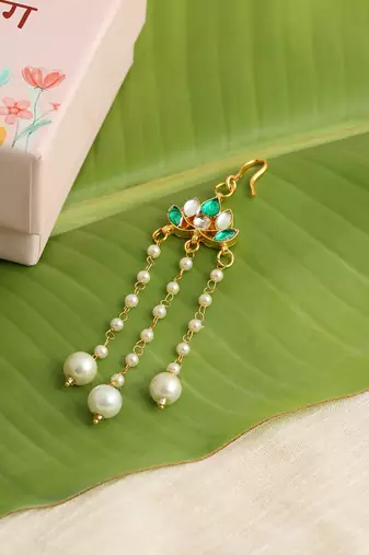 Gold plated kundan green stones hair clip