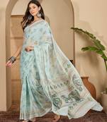 Women's sky blue chiffon foil print saree with unstitched blouse piece