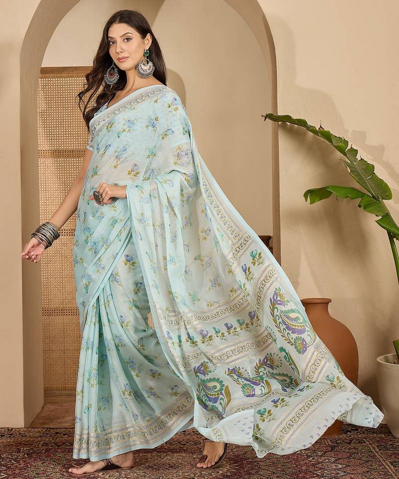 Women's sky blue chiffon foil print saree with unstitched blouse piece