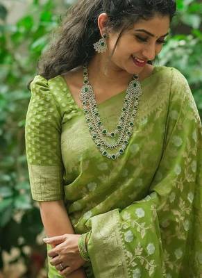 green silk blend banarasi saree with blouse  3