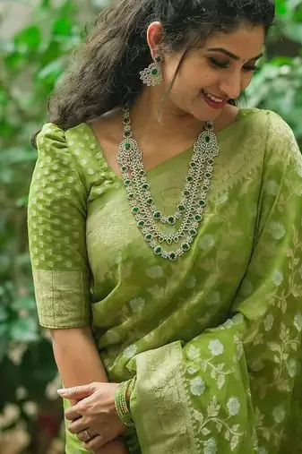 green silk blend banarasi saree with blouse 