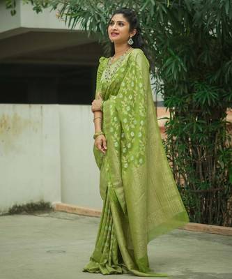 green silk blend banarasi saree with blouse  5