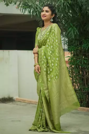 green silk blend banarasi saree with blouse 