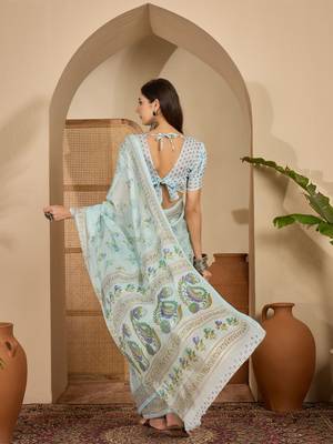 Women's sky blue chiffon foil print saree with unstitched blouse piece 3
