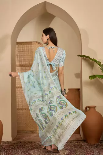 Women's sky blue chiffon foil print saree with unstitched blouse piece
