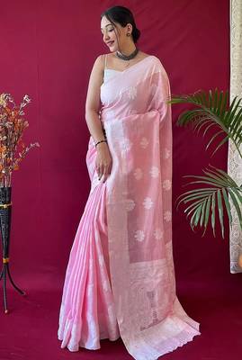 pink silk blend banarasi saree with blouse  1