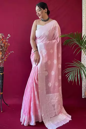 pink soft art silk banarasi saree with blouse 