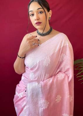 pink silk blend banarasi saree with blouse  2