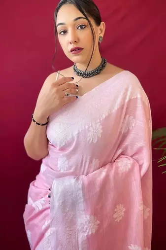 pink silk blend banarasi saree with blouse 