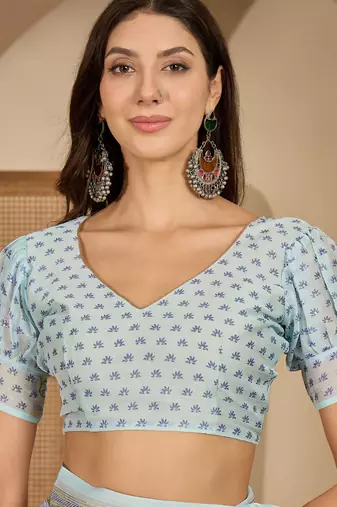 Women's sky blue chiffon foil print saree with unstitched blouse piece