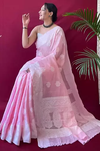 pink silk blend banarasi saree with blouse 