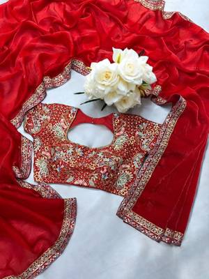 Red Color Sequins And Jari & Multi Thread Embroidery Work Satin Silk Blend Saree 1