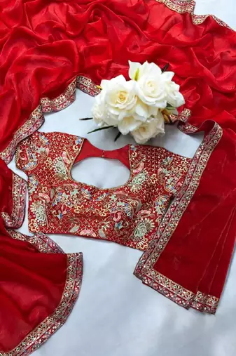 Red Color Sequins And Jari & Multi Thread Embroidery Work Satin Silk Blend Saree