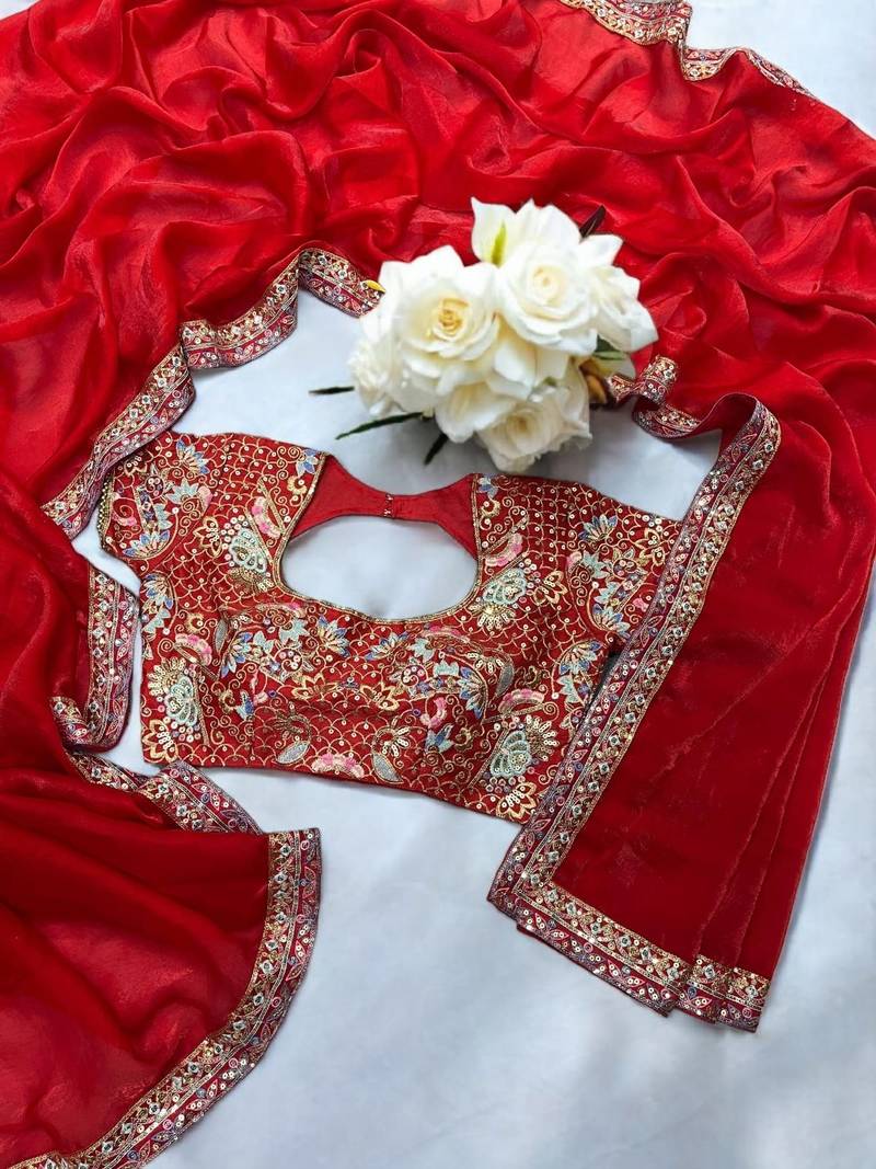 Red Color Sequins And Jari & Multi Thread Embroidery Work Satin Silk Blend Saree