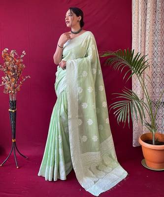 light green silk blend banarasi saree with blouse  1