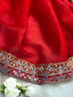 Red Color Sequins And Jari & Multi Thread Embroidery Work Satin Silk Blend Saree 2