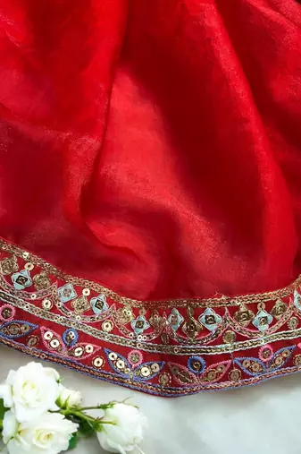 Red Color Sequins And Jari & Multi Thread Embroidery Work Satin Silk Blend Saree