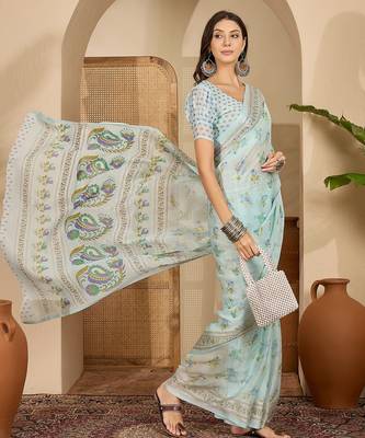Women's sky blue chiffon foil print saree with unstitched blouse piece 5