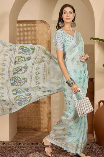Women's sky blue chiffon foil print saree with unstitched blouse piece