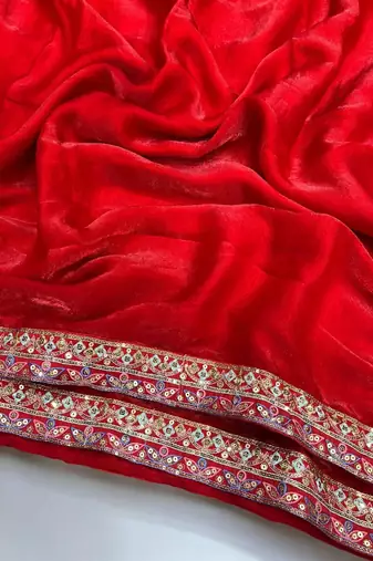 Red Color Sequins And Jari & Multi Thread Embroidery Work Satin Silk Blend Saree