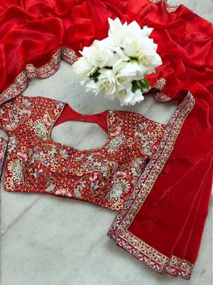 Red Color Sequins And Jari & Multi Thread Embroidery Work Satin Silk Blend Saree 4