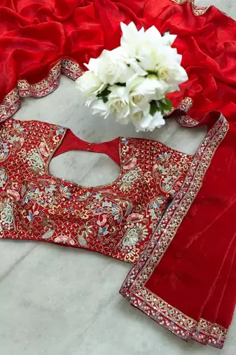Red Color Sequins And Jari & Multi Thread Embroidery Work Satin Silk Blend Saree