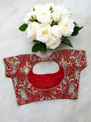 Red Color Sequins And Jari & Multi Thread Embroidery Work Satin Silk Blend Saree 5