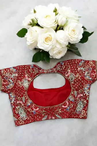 Red Color Sequins And Jari & Multi Thread Embroidery Work Satin Silk Blend Saree