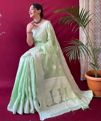 light green silk blend banarasi saree with blouse  2