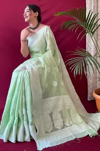 light green silk blend banarasi saree with blouse 