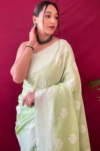 light green silk blend banarasi saree with blouse 