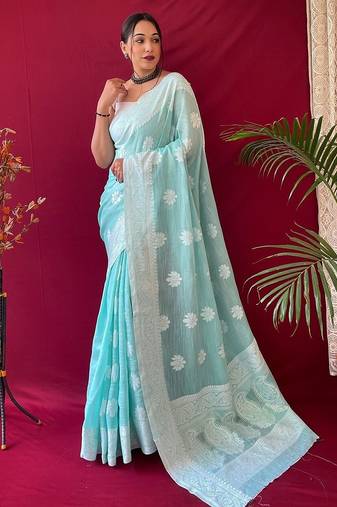turquoise soft art silk banarasi saree with blouse 