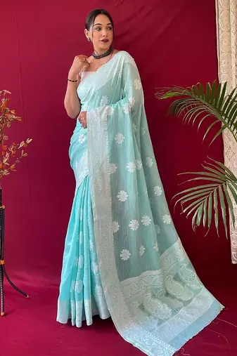 turquoise soft art silk banarasi saree with blouse 