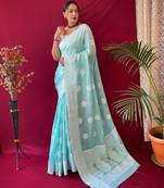 turquoise soft art silk banarasi saree with blouse 
