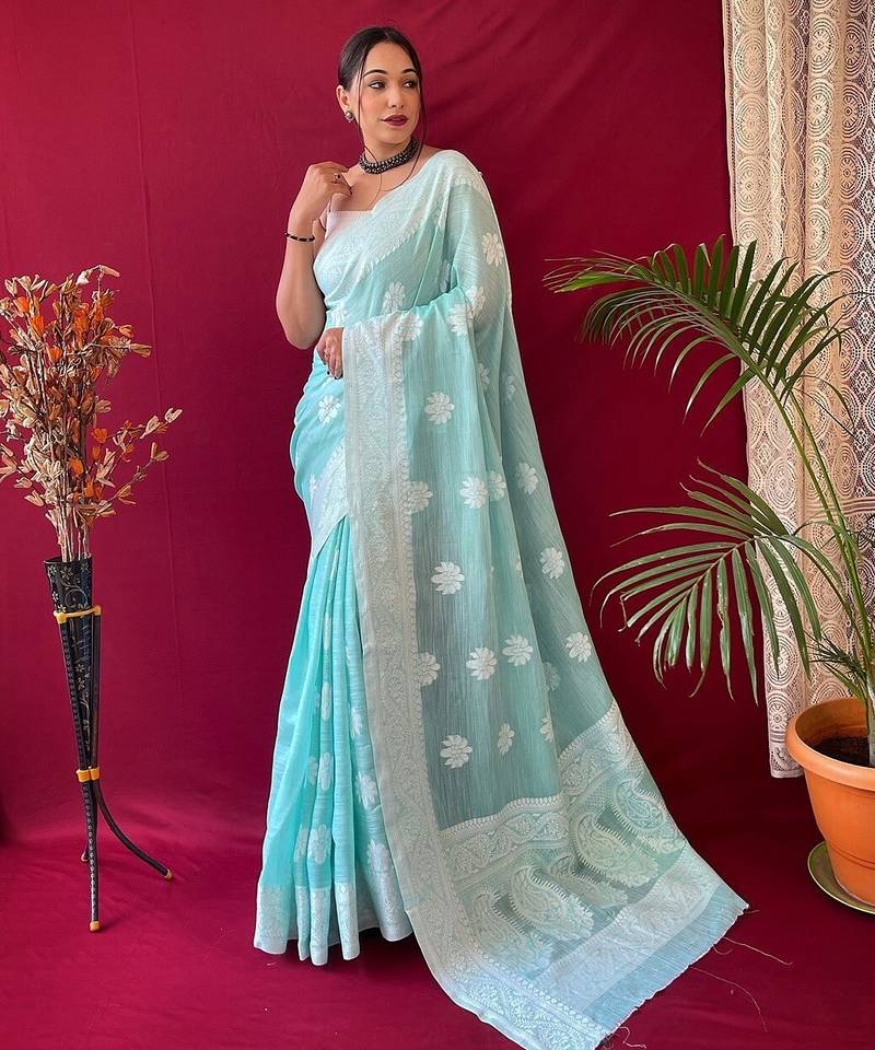 turquoise soft art silk banarasi saree with blouse 