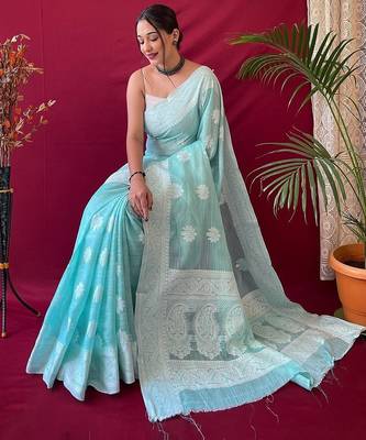 turquoise silk blend banarasi saree with blouse  2