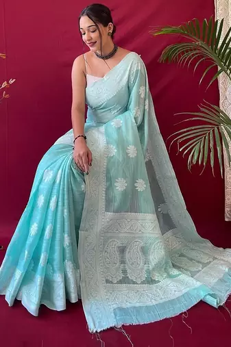 turquoise silk blend banarasi saree with blouse 