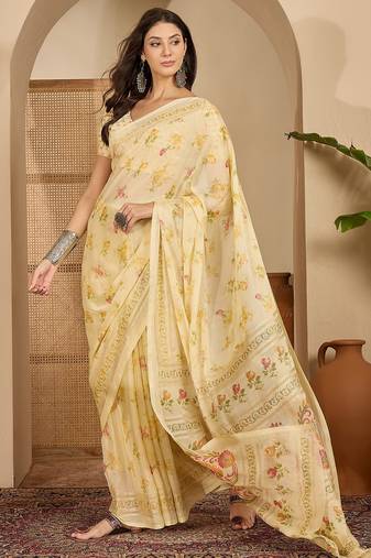 Women's yellow chiffon foil print saree with unstitched blouse piece