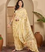 Women's yellow chiffon foil print saree with unstitched blouse piece