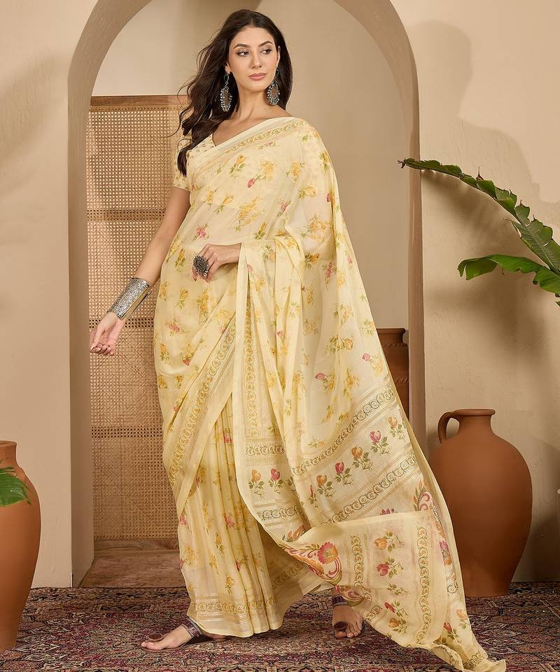 Women's yellow chiffon foil print saree with unstitched blouse piece