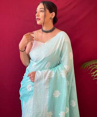 turquoise silk blend banarasi saree with blouse  3