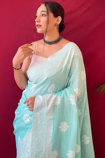 turquoise silk blend banarasi saree with blouse 