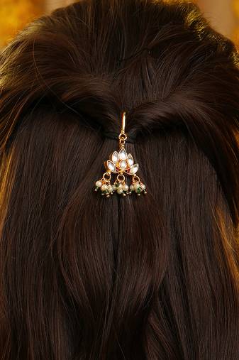 Gold plated kundan green stones hair clip