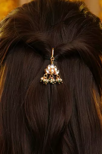 Gold plated kundan green stones hair clip