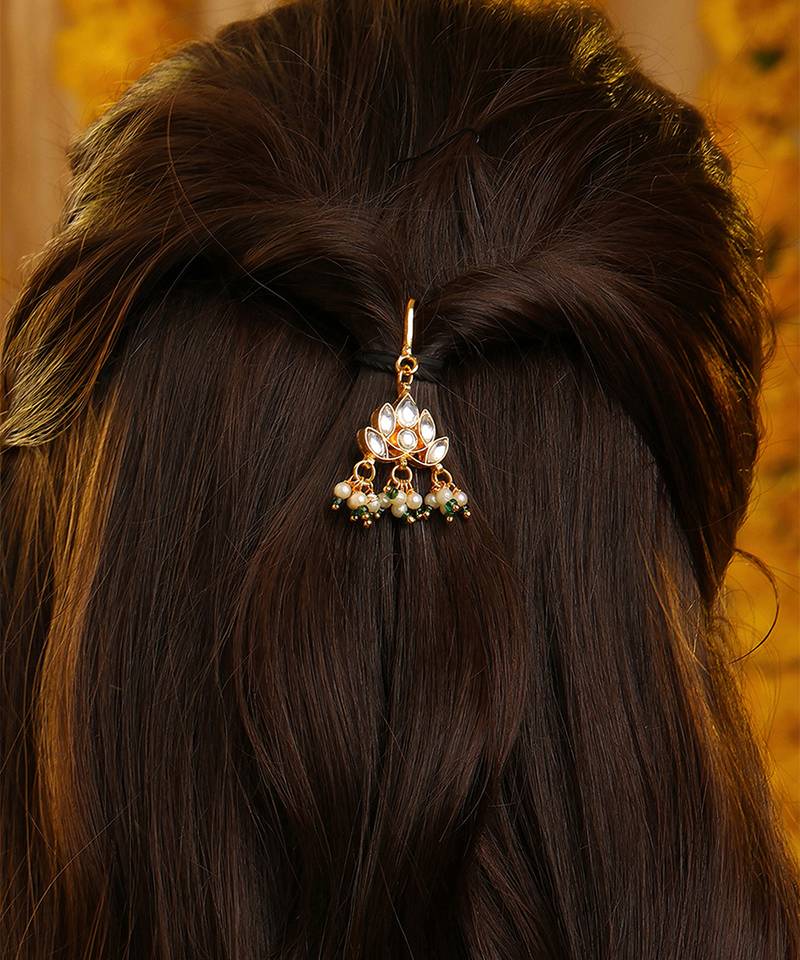 Gold plated kundan green stones hair clip