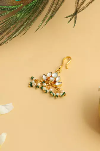 Gold plated kundan green stones hair clip