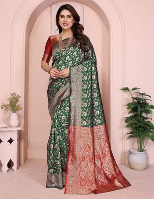 green silk blend banarasi saree with blouse  1
