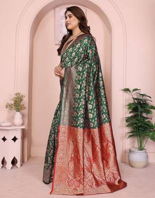 green silk blend banarasi saree with blouse  2
