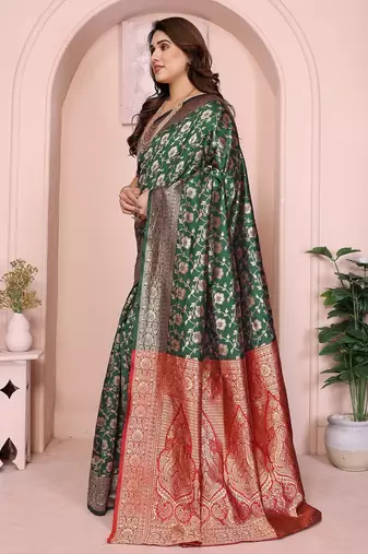 green silk blend banarasi saree with blouse 